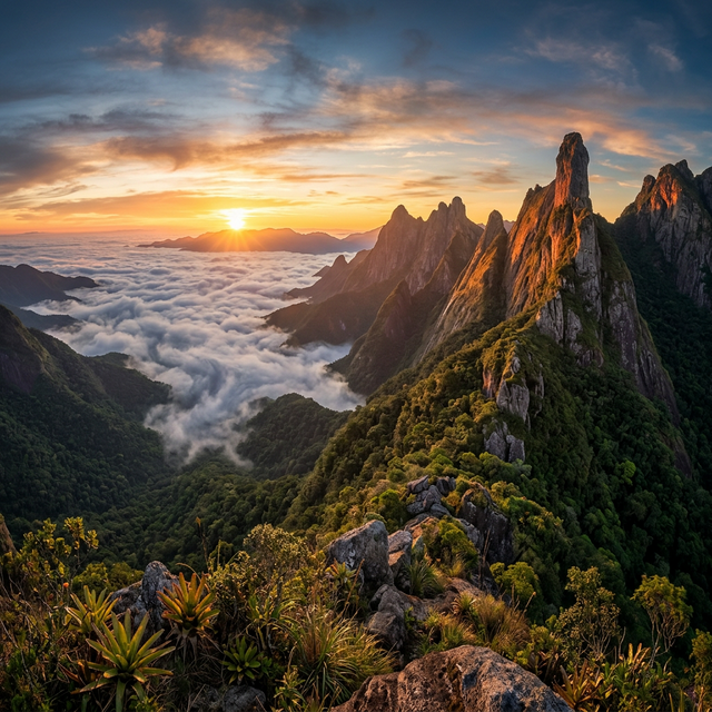 Paisagem de montanhas ao nascer do sol