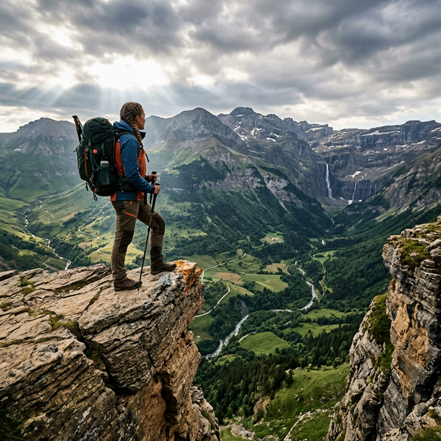 Aventureiro em paisagem de montanhas